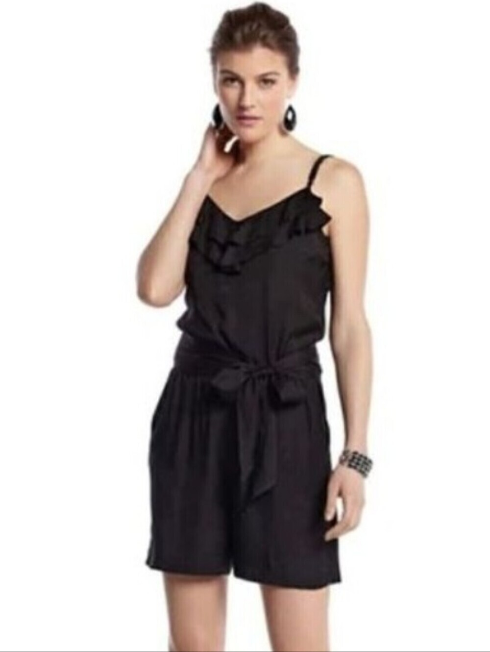 White House Black Market Black Ruffle Top Braided Strap Shorts Romper Jumper